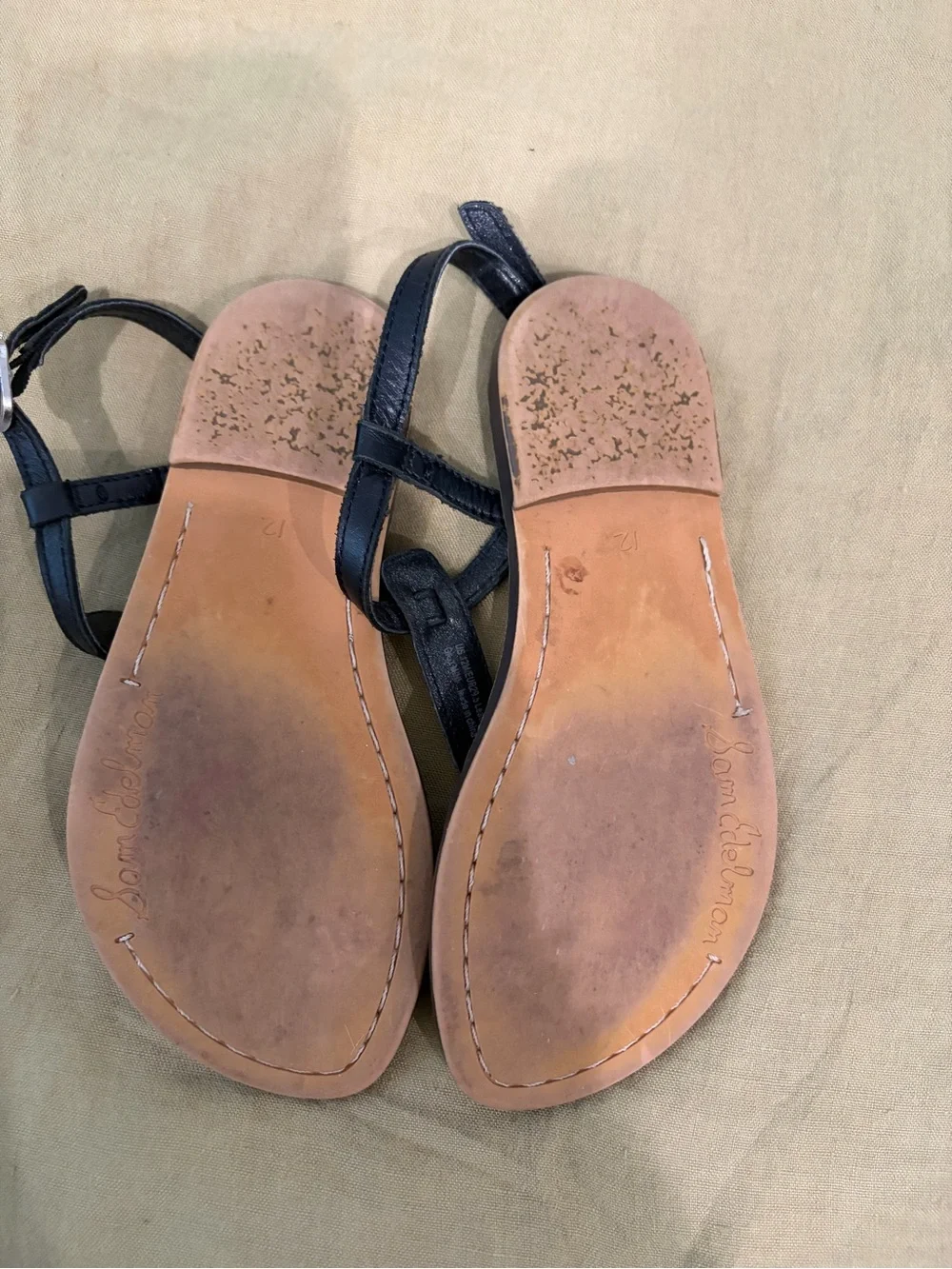 Sam Edelman Black Leather T-Strap Sandals with Brown Footbed
